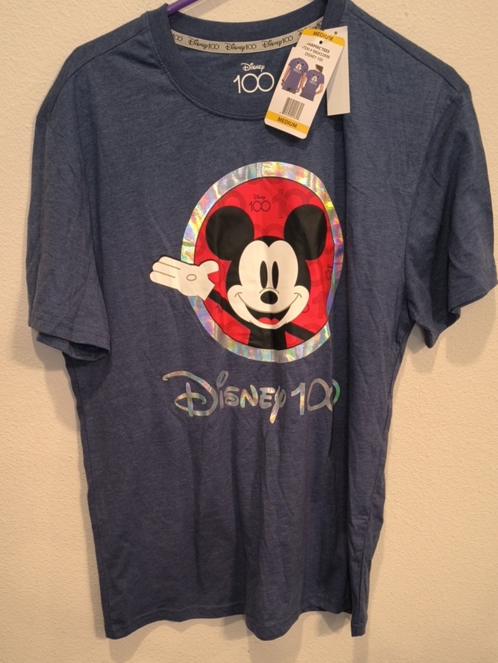 Disney Blue Mickey 100 Holographic Logo Tee Medium